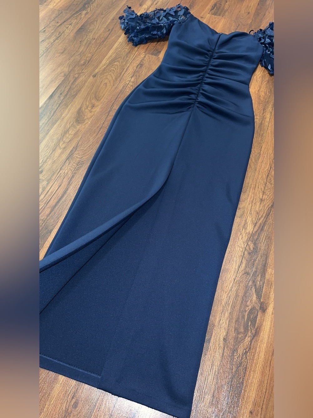 Xscape Navy One-Shoulder Evening Gown with 3D Floral Sleeves Formal - Picture 14 of 16